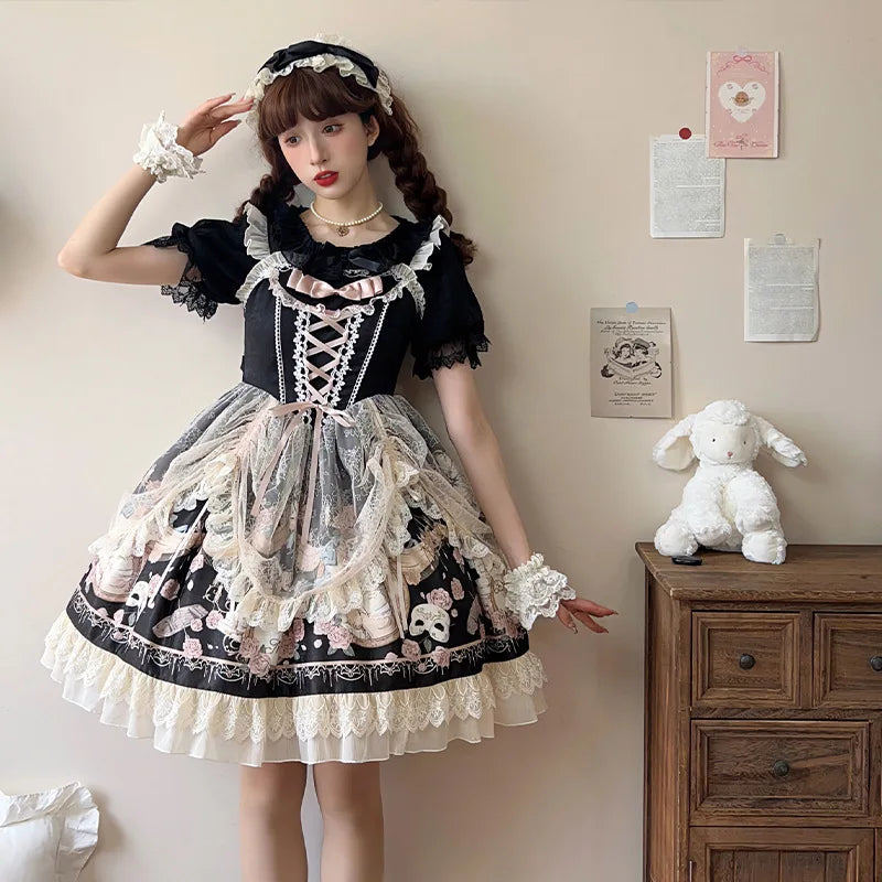 Rose Color ~ Vintage Lolita JSK Dress Printed Short Party Dress