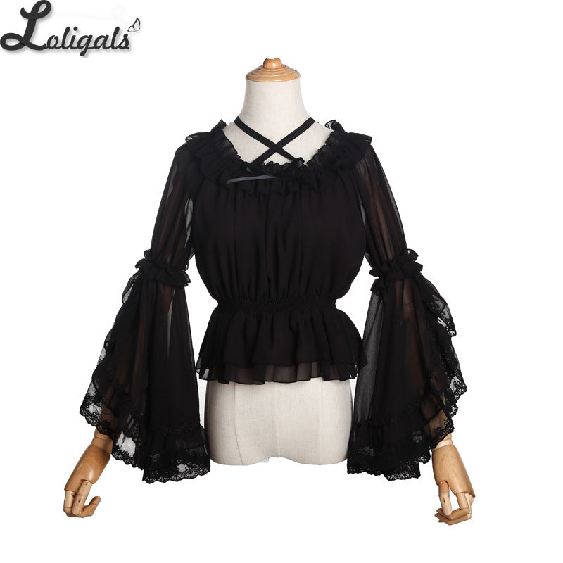 Lady Chiffon Ruffles Shirt Tops Blouse Flare Sleeve Sweet Lolita Frill Top  Slim