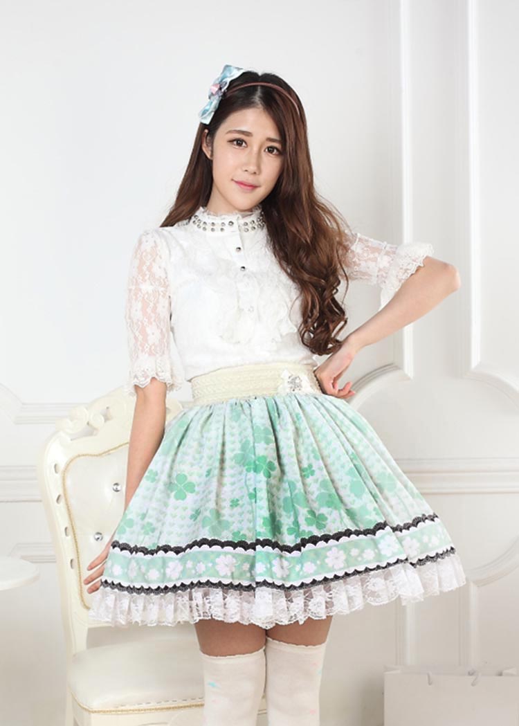 Green pleated outlet lace skirt