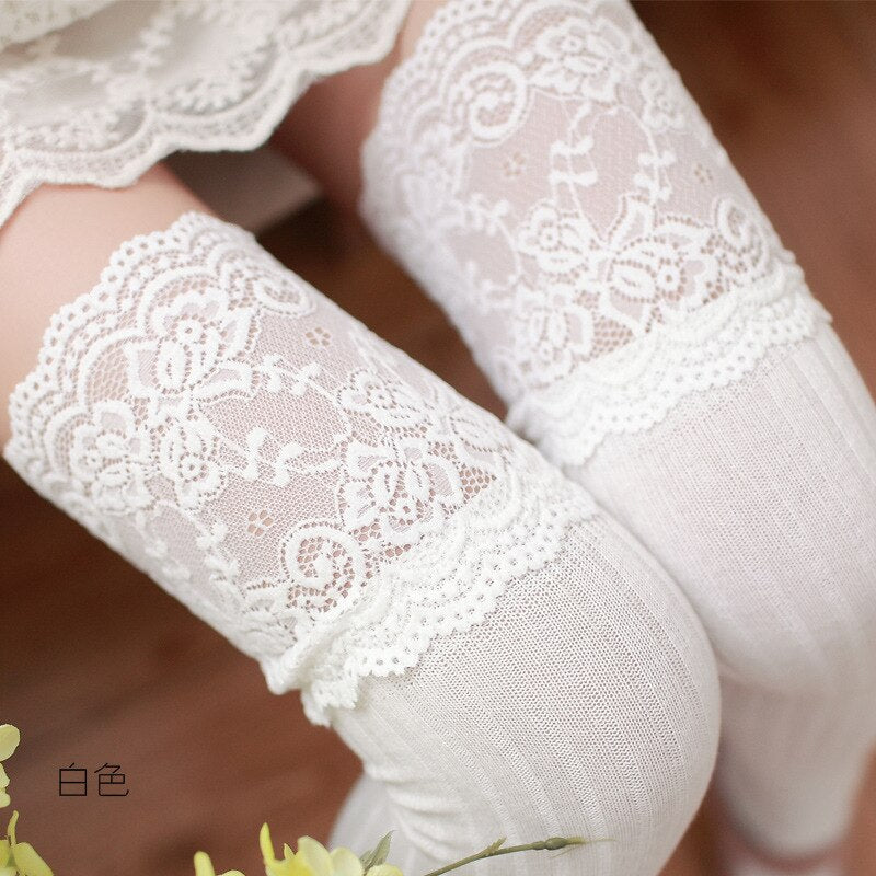Cute Twist Pattern Cotton Thigh High Stockings Lace Trimmed Over