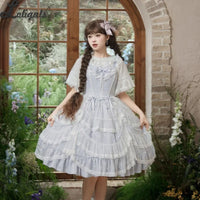 Retro Style Lolita JSK Dress Elegant Princess Ruffled Midi Dress w. Lace Cover up by Yomi ~Irises in Bloom