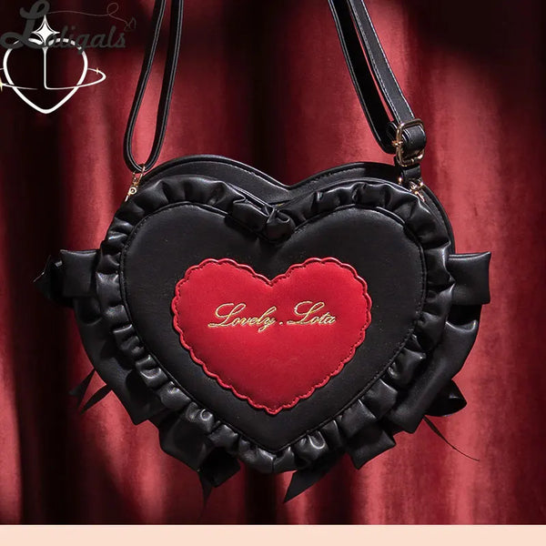Sweet Heart Shaped Cross Body Bag Mori Girl Ruffled PU Lolita Bag by Lovely Lota