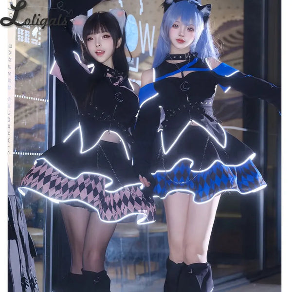 Pre-order Cool Y2K Plaid Mini Dress Sweet Cold Shoulder Luminous Costume by Ocelot ~ Hidden Moonlight