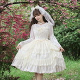 Retro Style Lolita JSK Dress Elegant Princess Ruffled Midi Dress w. Lace Cover up by Yomi ~Irises in Bloom