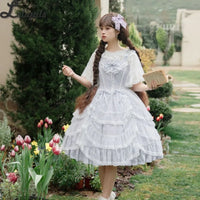 Retro Style Lolita JSK Dress Elegant Princess Ruffled Midi Dress w. Lace Cover up by Yomi ~Irises in Bloom