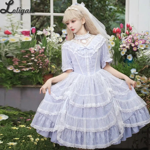 Vintage Lolita Dress Elegant Short Sleeve Illusion Neck Sweet Princess Party Dresses by Yomi ~ Irises in Bloom