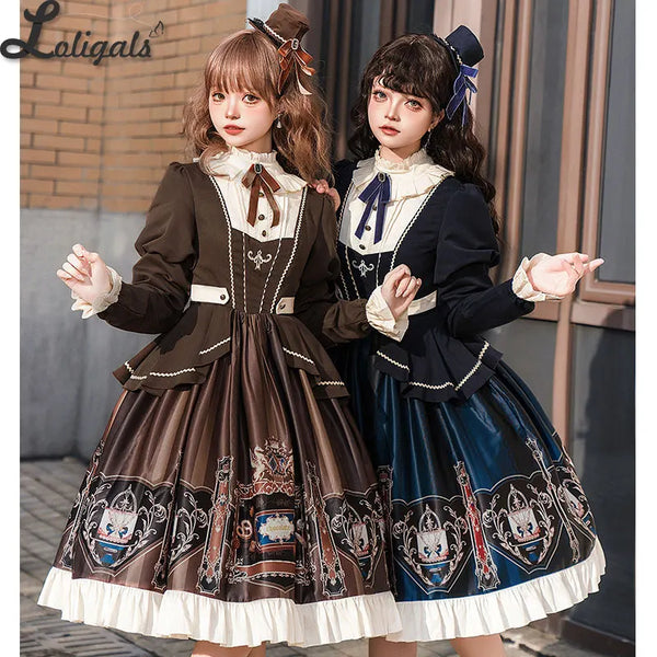 Sweet Preppy Style Lolita Dress Long Sleeve Printed Casual Dress - Chocolate School