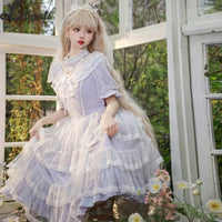 Vintage Lolita Dress Elegant Short Sleeve Illusion Neck Sweet Princess Party Dresses by Yomi ~ Irises in Bloom