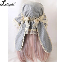 Sweet Lolita Summer Beanies Lovely Rabbit Ear Dotted Beach Wide Lace Brim Sun Hat w. Bow