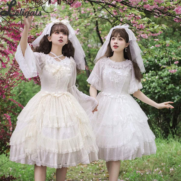 Retro Style Lolita JSK Dress Elegant Princess Ruffled Midi Dress w. Lace Cover up by Yomi ~Irises in Bloom