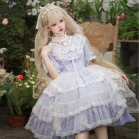 Vintage Lolita Dress Elegant Short Sleeve Illusion Neck Sweet Princess Party Dresses by Yomi ~ Irises in Bloom