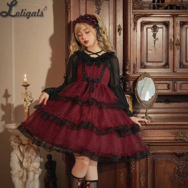 Gothic Lolita Dress Sleeveless Wine Red Casual Ruffled Party Dress ~ Love Dots