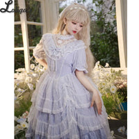 Vintage Lolita Dress Elegant Short Sleeve Illusion Neck Sweet Princess Party Dresses by Yomi ~ Irises in Bloom