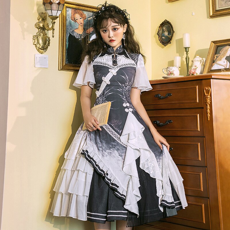 YLF Lonely Crane Crows Chinese Style Retro Lolita Dress Black S