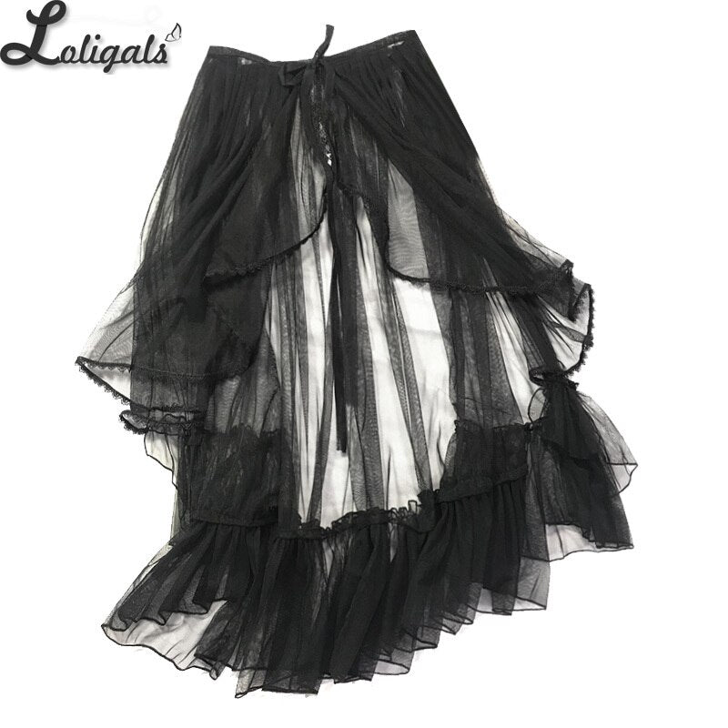 Asymmetrical Lolita Apron Ruffled Waist Curtain Vintage Mesh