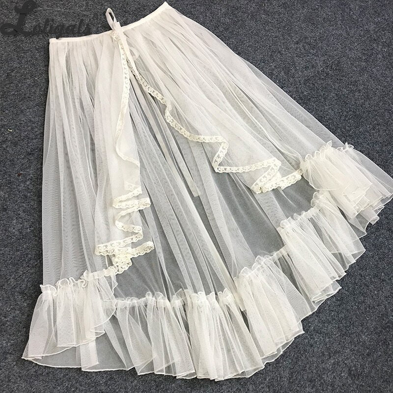 Asymmetrical Lolita Apron Ruffled Waist Curtain Vintage Mesh