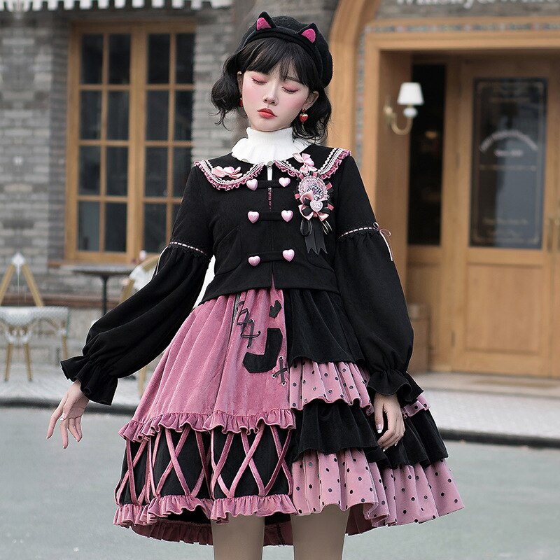 Strawberry Bomb ~ Sweet Color Block Lolita JSK Dress with Long Sleeve ...