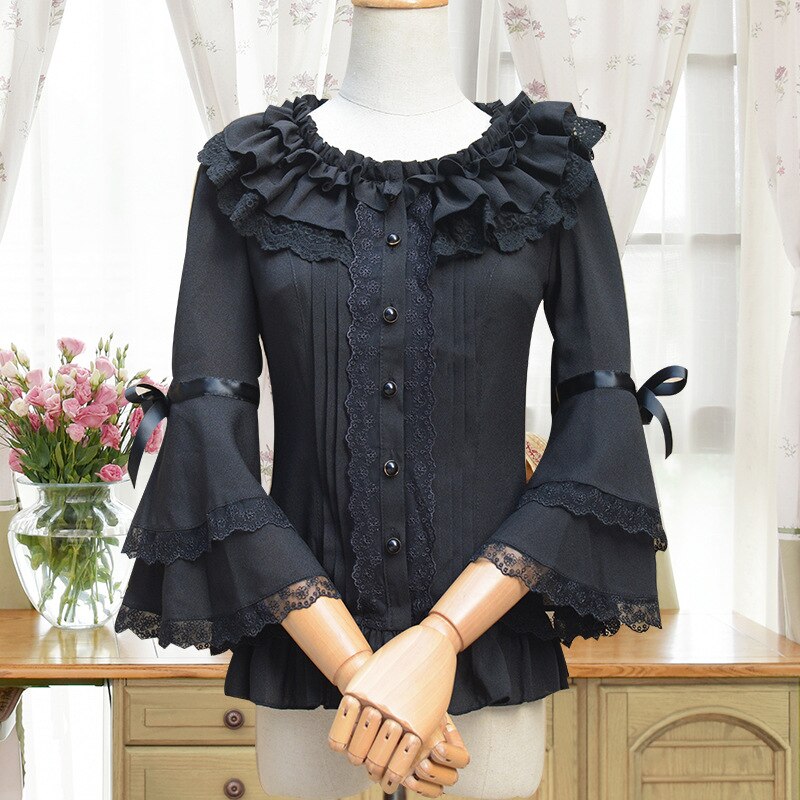 Women Chiffon Ruffles Shirt Tops Blouse Flare Sleeve Sweet Lolita Frill