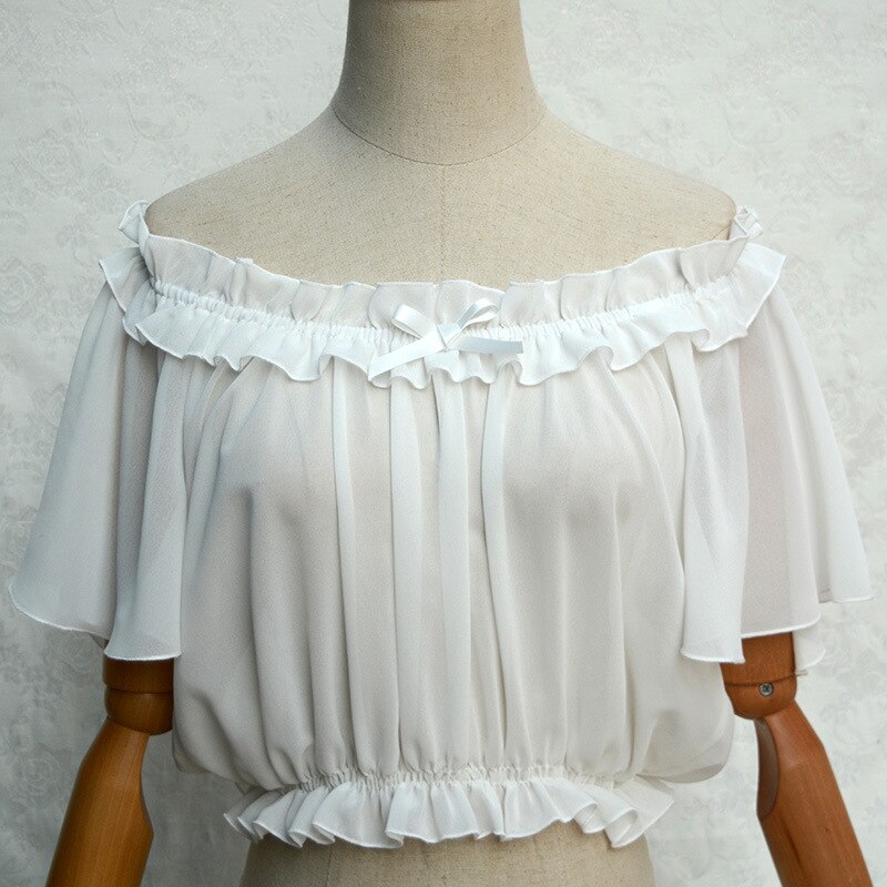 Lolita Princess White Off The Shoulder Women s Chiffon Crop Top Short Batwing Sleeve Chiffon Blouse Black One Size