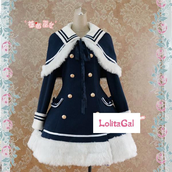 Classic Sailor Uniform Inspired Navy Blue Long Sleeve Double Breasted Metal  Button Wool Winter Lolita Coat