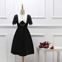 Gothic Lolita Chiffon Dress Short Batwing Sleeve Pointed Collar Embroidered Summer Dress Black/Red/Navy Blue