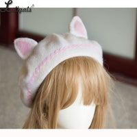 Lovely Women's Cat Ear Berets Cute Mori Girl Wool Berets for Winter Pink White