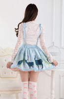 Sweet Blue Short Jumper Skirt Forest Deer Printed Pleated Skirt for Women