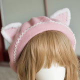 Lovely Women's Cat Ear Berets Cute Mori Girl Wool Berets for Winter Pink White