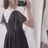 Gothic Lolita Chiffon Dress Short Batwing Sleeve Pointed Collar Embroidered Summer Dress Black/Red/Navy Blue