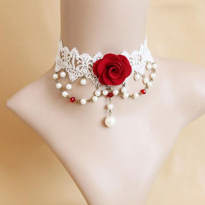 Handmade Phantom Flower Choker/Necklace Made Out of Organza in Red